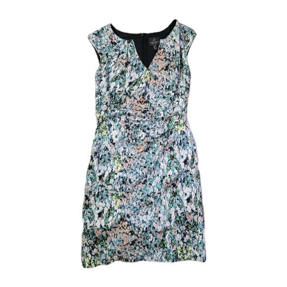 Adrianna Papell Cap Sleeve Knee Length Ruched Waist Blue Dress Monet Floral Sz 6 - Picture 1 of 10